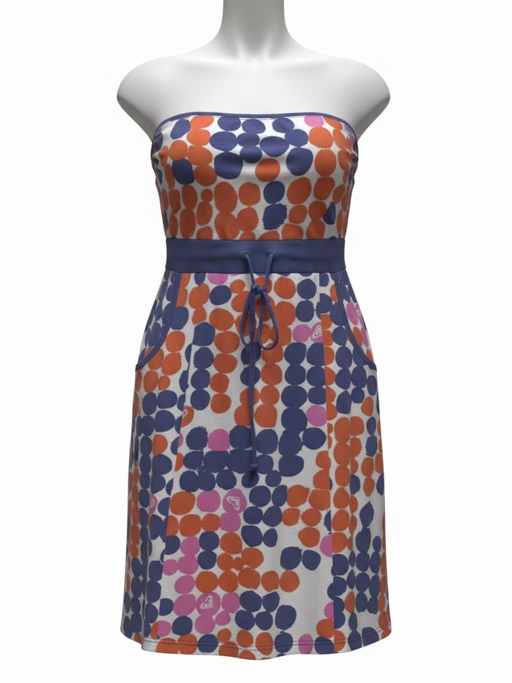 221. Fun Roxy Strapless Polka Dot Sundress in Navy, Orange & Pink